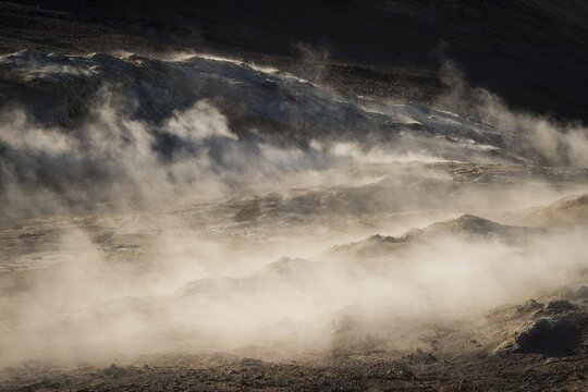Backlight, Rising Steam, Fumarole, N&aacute;mafjall, M&yacute;vatn or Myvatn, Krafla Volcano System, Northern Iceland, Iceland