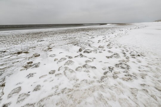 North Sea beach in snow, Langeoog, Lower Saxony, Germany