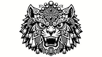Fototapeta premium Fierce Tribal Tiger Head with Intricate Patterns and Crown, Powerful Animal Mascot on Isolated White Background