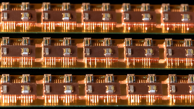 Industrial Precision: Close-Up of Digital Circuit Board Components on Parallel Strips, Featuring Advanced Electronics and Microchip Technology