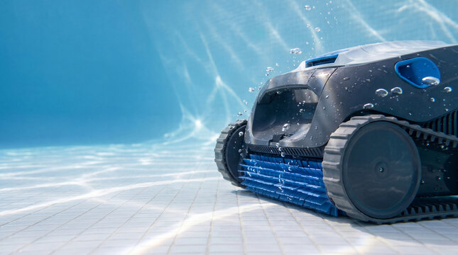 Automatic pool cleaner robot scrubbing floor under blue water. Underwater appliance for maintenance and hygiene of swimming pool. Robotic technology for efficient pool cleaning system.