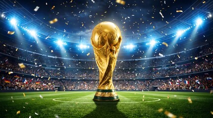 Golden world cup trophy on a football field with confetti and cheering crowd