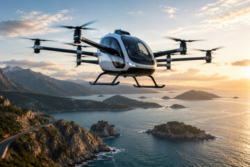 Naklejka premium A drone is hovering over a scenic coastal landscape at sunset. The drone flies above mountains and islands, showcasing a beautiful sky and water below.