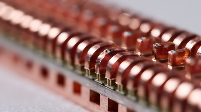 Macro view of detailed copper electrical components arranged consecutively, showcasing intricate design and conductive material for technology applications