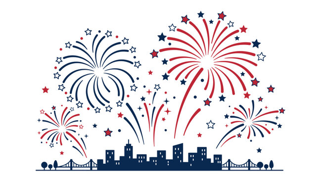 Colorful fireworks exploding over a dark city skyline silhouette.