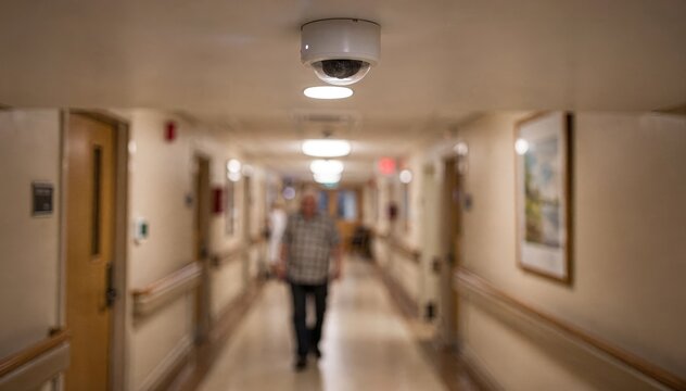 Medium shot of hallway ceiling sensor actively detecting gait changes as resident moves with background hallway elements intentionally blurred for sensor prominence.