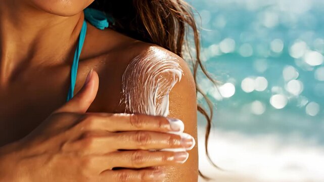 Woman applying sunscreen on shoulder at beach. Perfect for summer vacation, skincare, and sun protection concepts