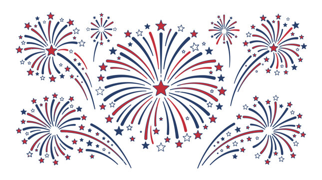 Dense red and blue fireworks pattern with stars.