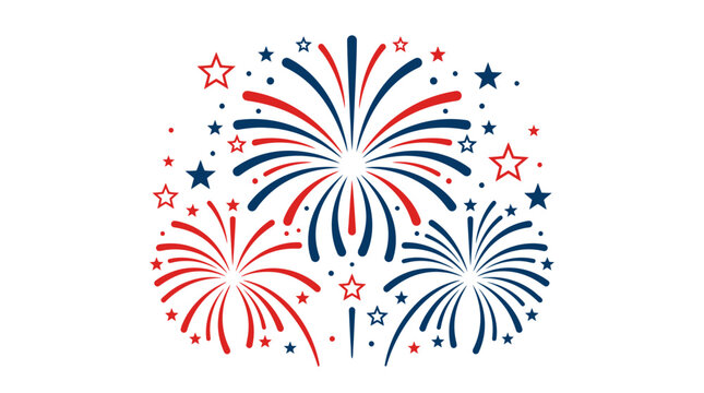 Circular burst of red and blue fireworks with stars.