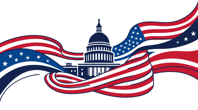 Flowing American flag passing behind the US Capitol building.