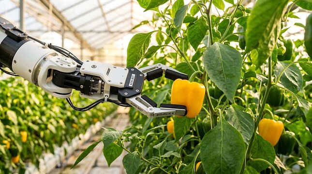 robotic arm harvesting yellow bell pepper in greenhouse