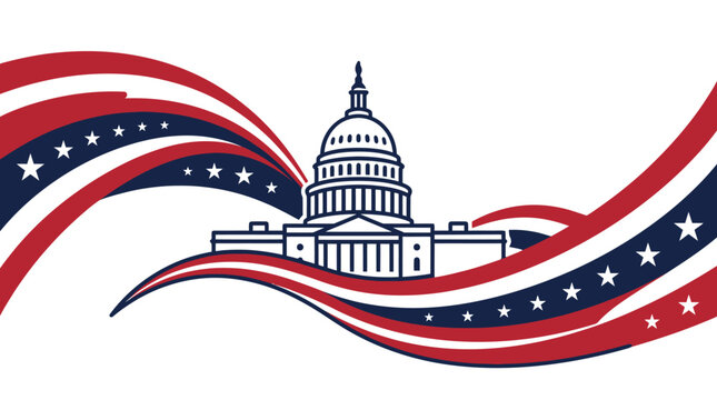 Line art US Capitol building with patriotic waving banners.
