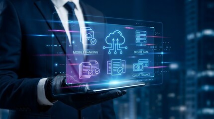 Fototapeta premium Businessman showing digital finance and secure data interface