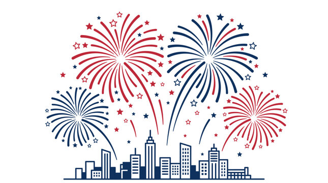 Patriotic fireworks display over a city skyline silhouette.