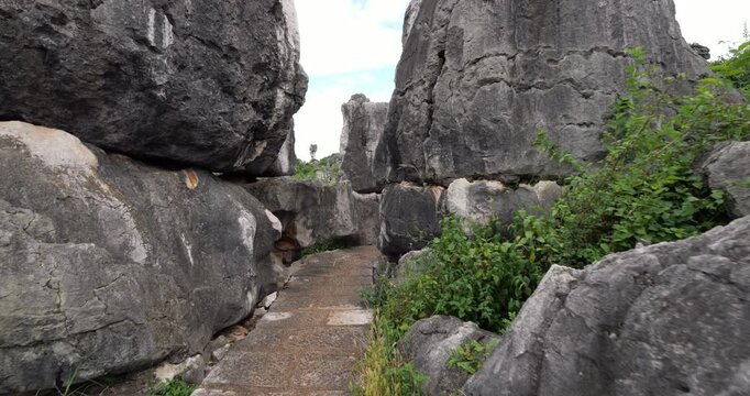 POV walking along narrow stone path winding between massive weathered karst pillars at Shilin Stone Forest. Trail leads through prehistoric landscape toward famous Wannian Lingzhi mushroom rock.