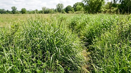 Fototapeta premium Green grassy field with trees background.