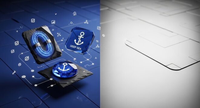 Minimalist deep sea data dashboard with floating sapphire cable and black slate anchor icons