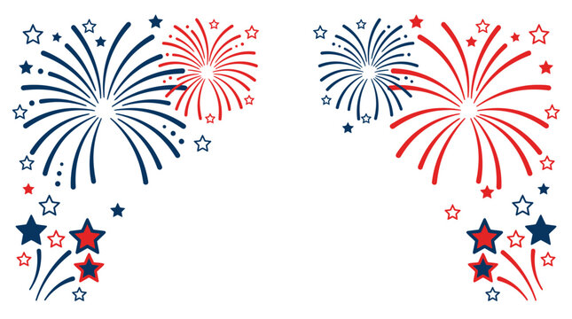 Red and blue fireworks display with stars forming a border.