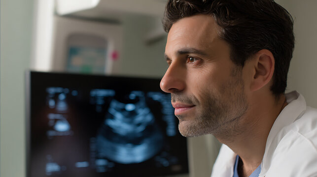 Serious male doctor or medical professional observe an ultrasound scan on a monitor inside a clinic or private practice, provide healthcare