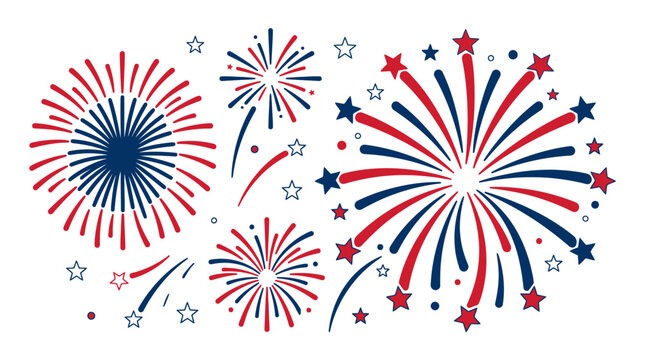 Red white and blue patriotic firework bursts with stars