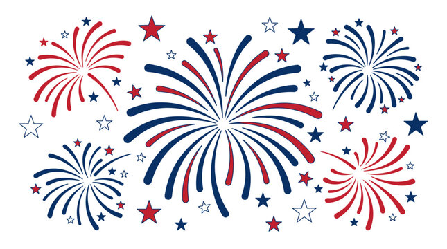 Stylized red and blue firework display with stars.
