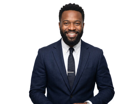 Smiling African American businessman in professional navy blue suit and tie portrait.