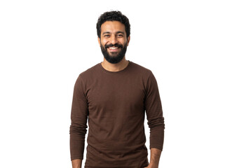 Fototapeta premium Portrait of a smiling young bearded man wearing a brown long sleeve shirt.