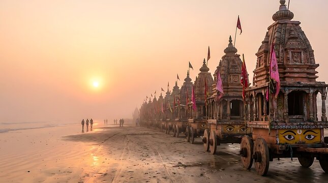 Row of colorful indian temple carts on a beach at sunset with people walking