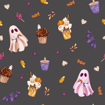 Halloween seamless pattern with ghost and sweets 