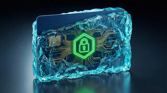 Credit card encapsulated in ice with digital lock icon. Banking account safety and protection concept. Financial asset frozen for security from theft and fraud in online transaction environment.