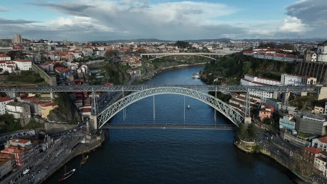 Panoramic View of Ribeira and Dom Lu&iacute;s I Bridge Over Douro River