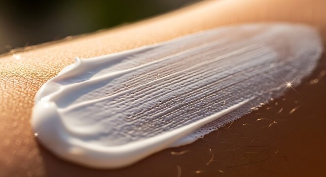 Cream white moisturizer smeared on human skin surface with texture and hair follicles, highlighting skincare, beauty, and cosmetic product