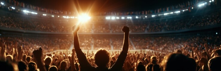 Fototapeta premium a brightly lit, large outdoor sports stadium at night, viewed from behind a silhouetted crowd of cheering fans with their arms raised numerous flags of different countries are displayed Generative AI