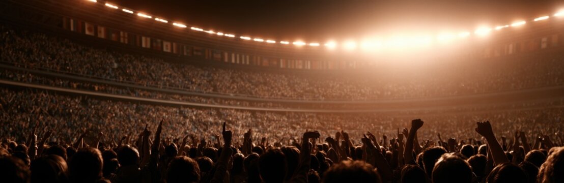 an expansive night scene of a large, floodlit sports arena looking up and across the stadium, with the dark silhouettes of a large group of people in the foreground, gesturing with raise Generative AI