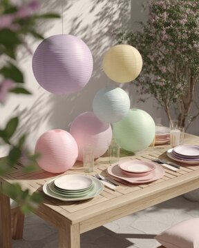 Pastel Paper Lanterns and Picnic Plates on Garden Patio Table for Summer Party