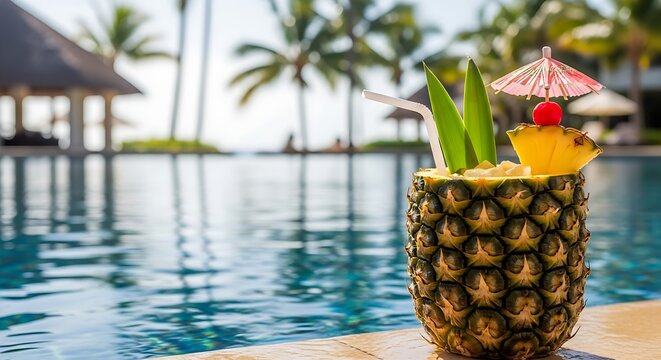 Pineapple cocktail with umbrellas and straw at tropical resort pool, refreshing drink for summer hospitality marketing campaigns