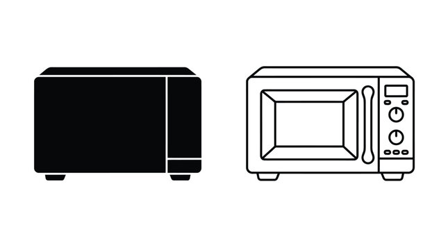 microwave oven silhouette and line drawing on white background
