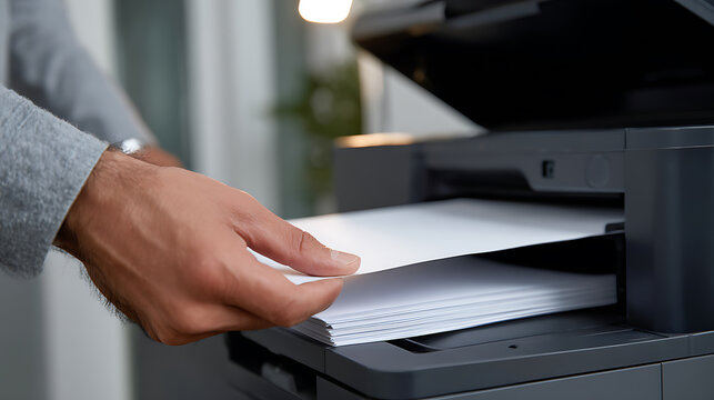 Close-up of a person's hands loading clean white paper into the tray of an office multifunction printer or copier device, ready for print