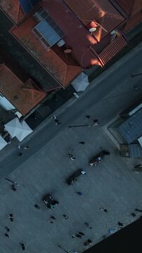 Cinematic Top-Down Aerial View of Historic Rooftops in Porto Portugal