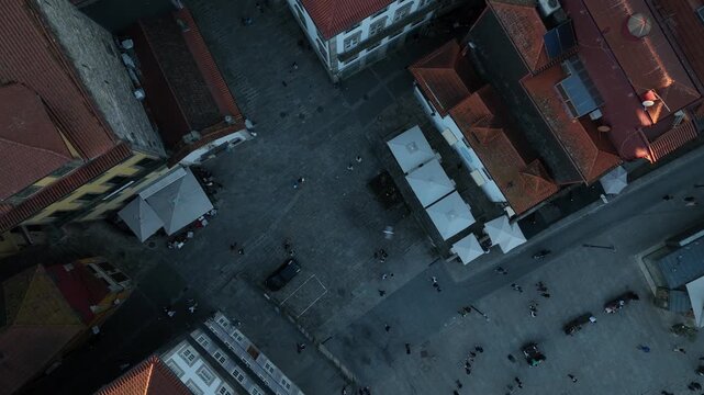 Cinematic Top-Down Aerial View of Historic Rooftops in Porto Portugal