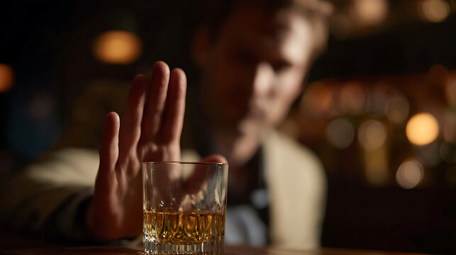 Man Refuse Whiskey Glass with Hand Gesture, Concept of Alcohol Abstinence, Sobriety, Healthy Lifestyle, and Addiction Recovery in Bar