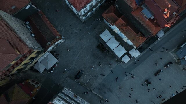 Cinematic Top-Down Aerial View of Historic Rooftops in Porto Portugal