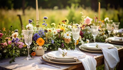Fototapeta premium Outdoor Wedding Table Setting with Floral Decor.