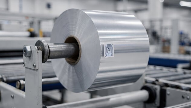 Medium shot showing a foil roll tagged with an RFID sensor highlighting advanced supply chain monitoring and automated roll tracking in manufacturing.