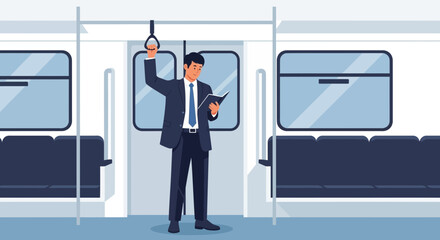 Fototapeta premium Businessman reading book on crowded subway train during commute