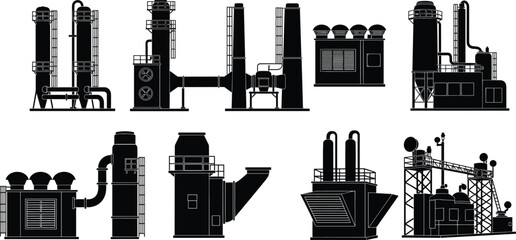 Obraz premium Industrial Factory and Power Plant Silhouette CollectionIndustrial Factory and Power Plant Silhouette Collection