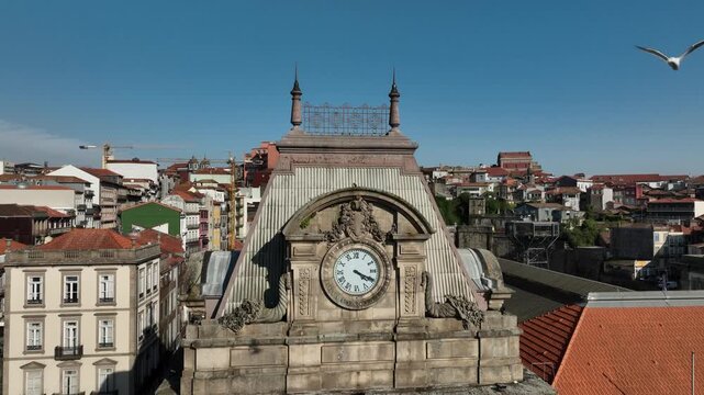 Cinematic Aerial View of Historic Train Station in Porto Portugal