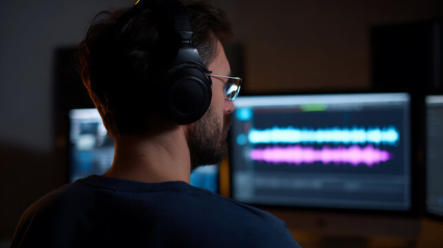 Rear view of a focused male sound engineer or music producer wearing headphones and glasses, thoughtfully edit audio waves on a computer screen in a studio