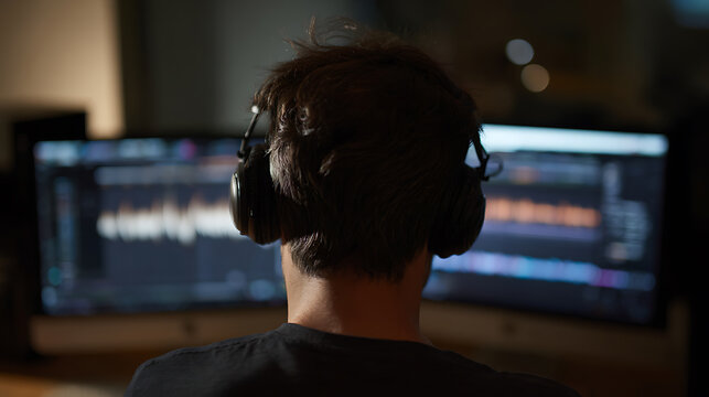 Rear View of a Young Person in Headphones Focused on Computer Screens with Digital Audio Workstation Software Visualizing Sound