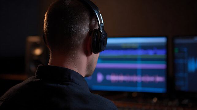 Audio Engineer Wear Headphones Work Sound Mixing Console Digital Audio Workstation Music Production Studio Equipment Dark Environment Focus Creator